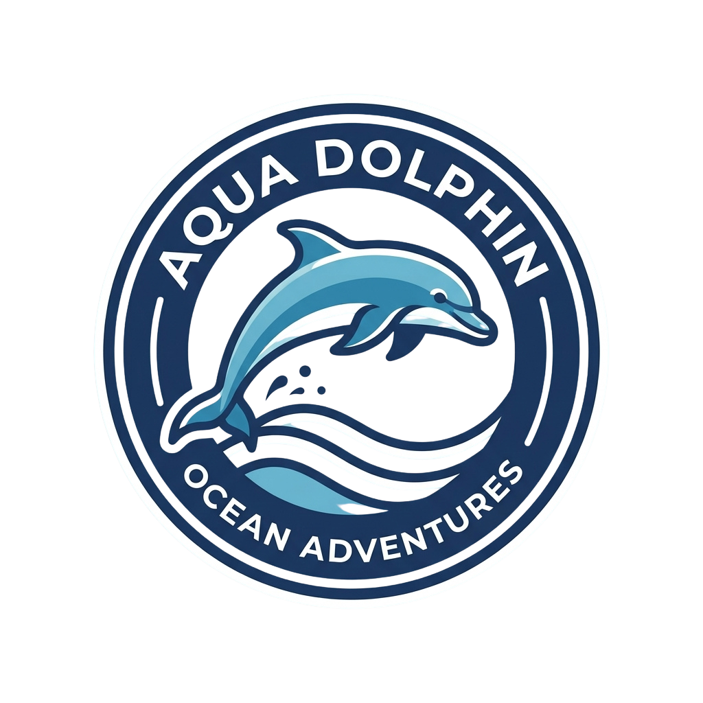 Logo featuring a stylized dolphin leaping over waves with text reading Aqua Dolphin Ocean Adventures