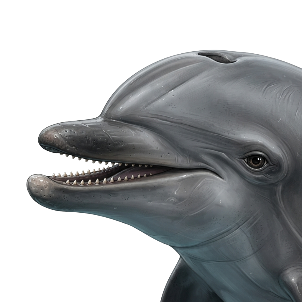 Close-up illustration of a smiling dolphin head with detailed teeth and texture