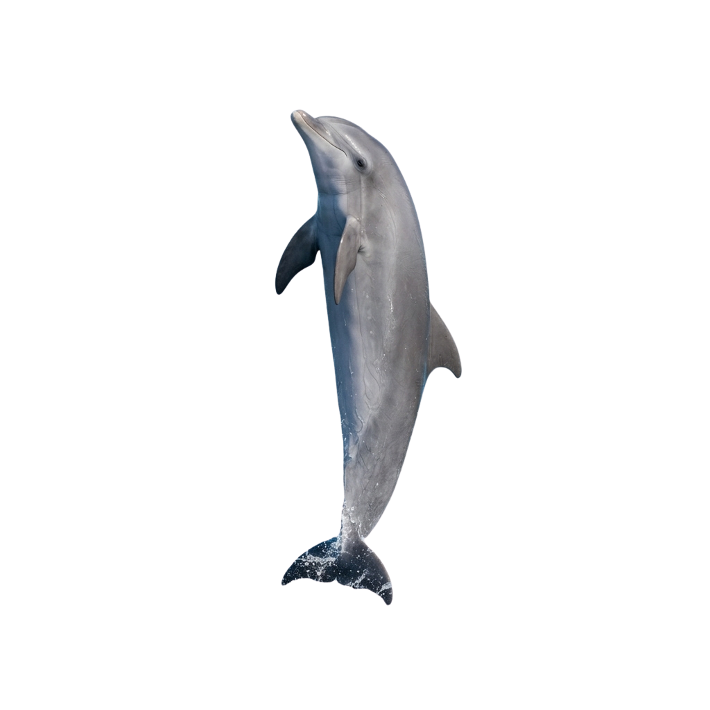 A dolphin leaping out of the water with its body arched gracefully.