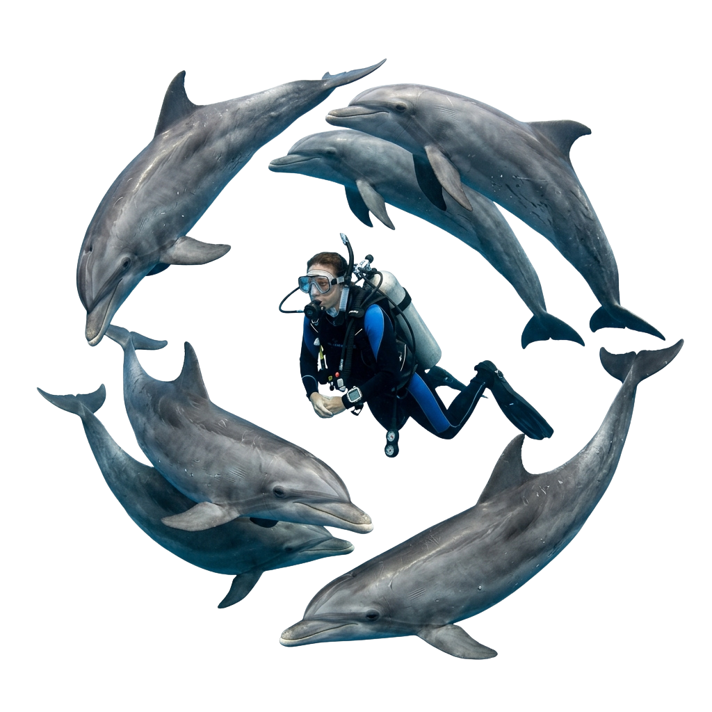 Scuba diver in the center of a circle of dolphins swimming underwater