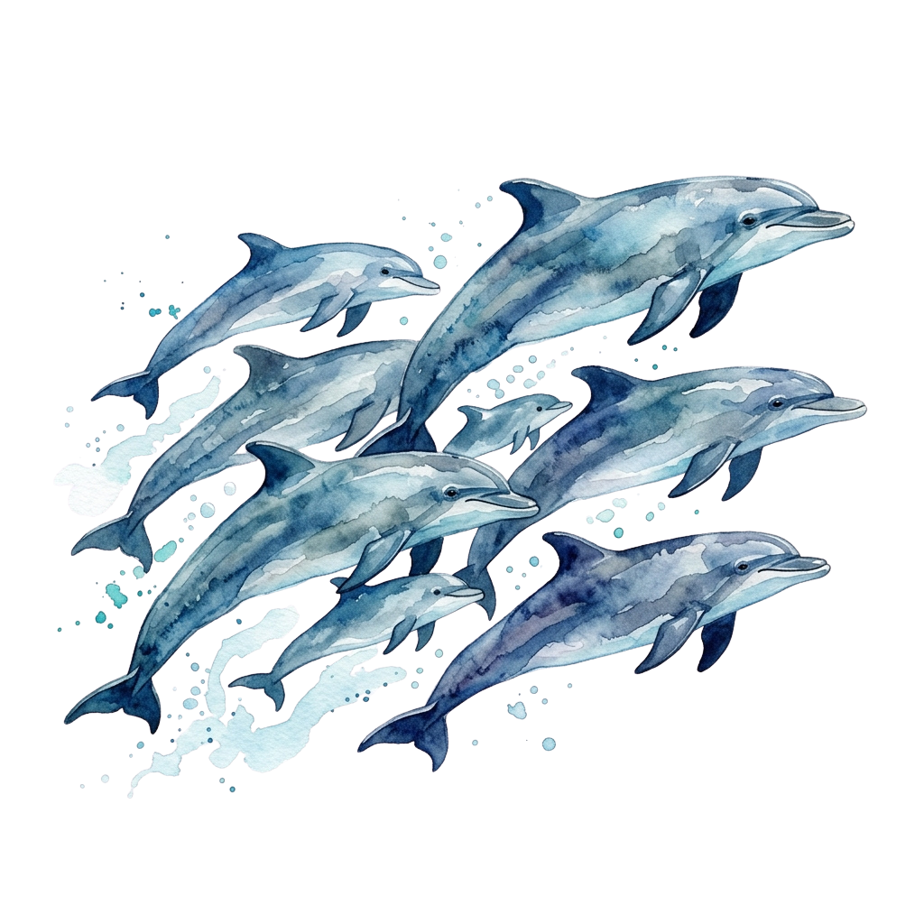 A group of seven dolphins swimming together in a dynamic watercolor style against a dark background