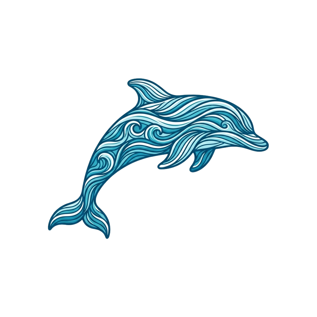 A stylized blue dolphin made of flowing wave patterns on a black background