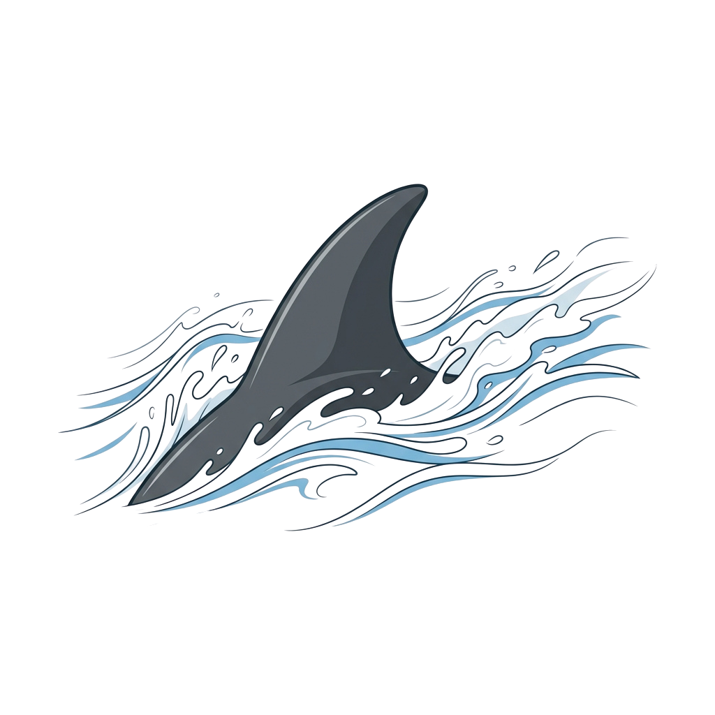 A sleek shark swimming through dynamic blue ocean waves on a dark background