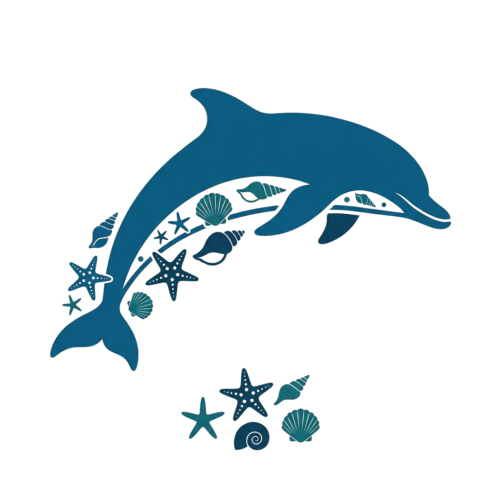 A blue silhouette of a dolphin surrounded by starfish and seashells on a black background