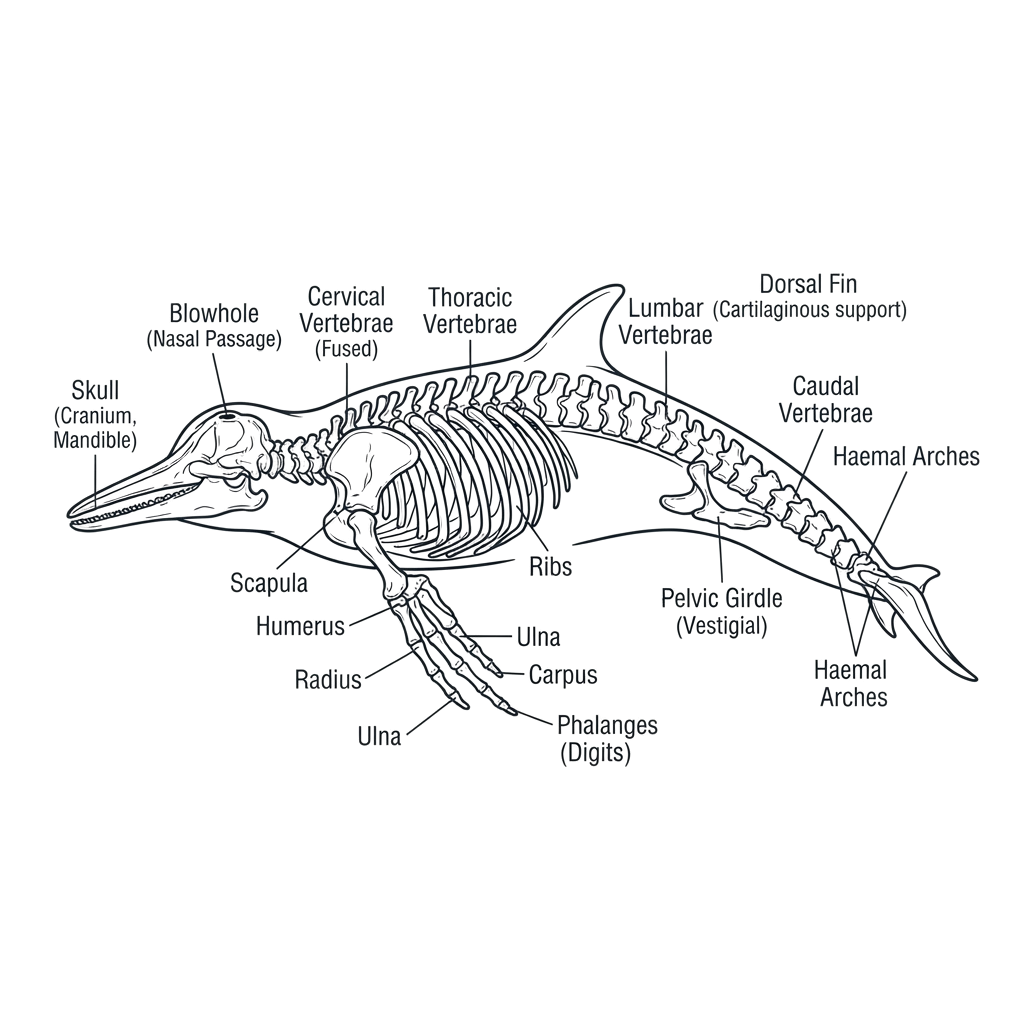Labeled diagram of an ichthyosaur skeleton showing anatomical parts like vertebrae, ribs, and fins