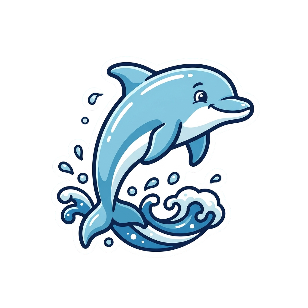 A cheerful cartoon dolphin leaping out of water with bubbles around it