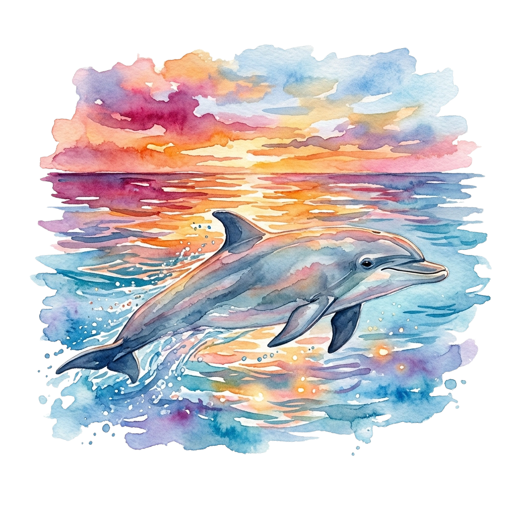A watercolor dolphin leaping through vibrant sunset colors over calm ocean waves