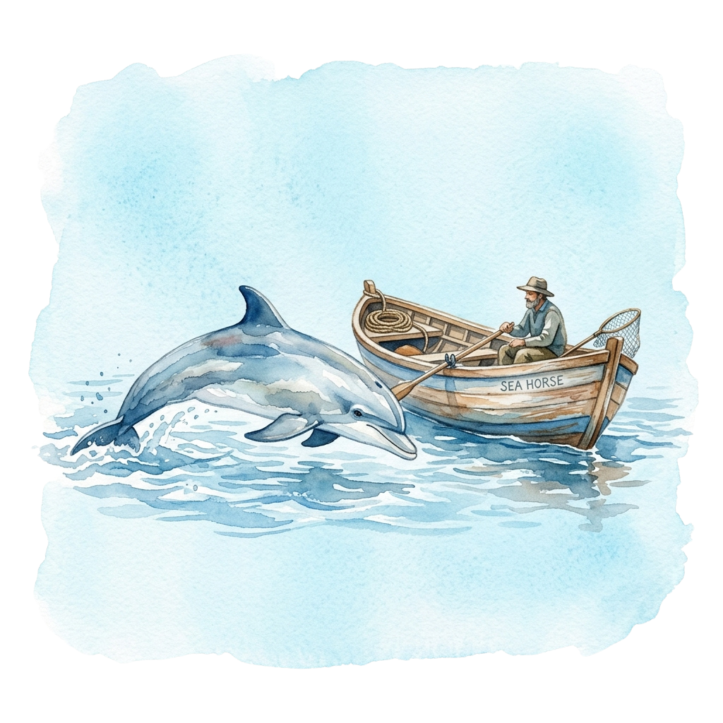 A person in a small boat labeled Sea Horse rides alongside a friendly dolphin in calm water