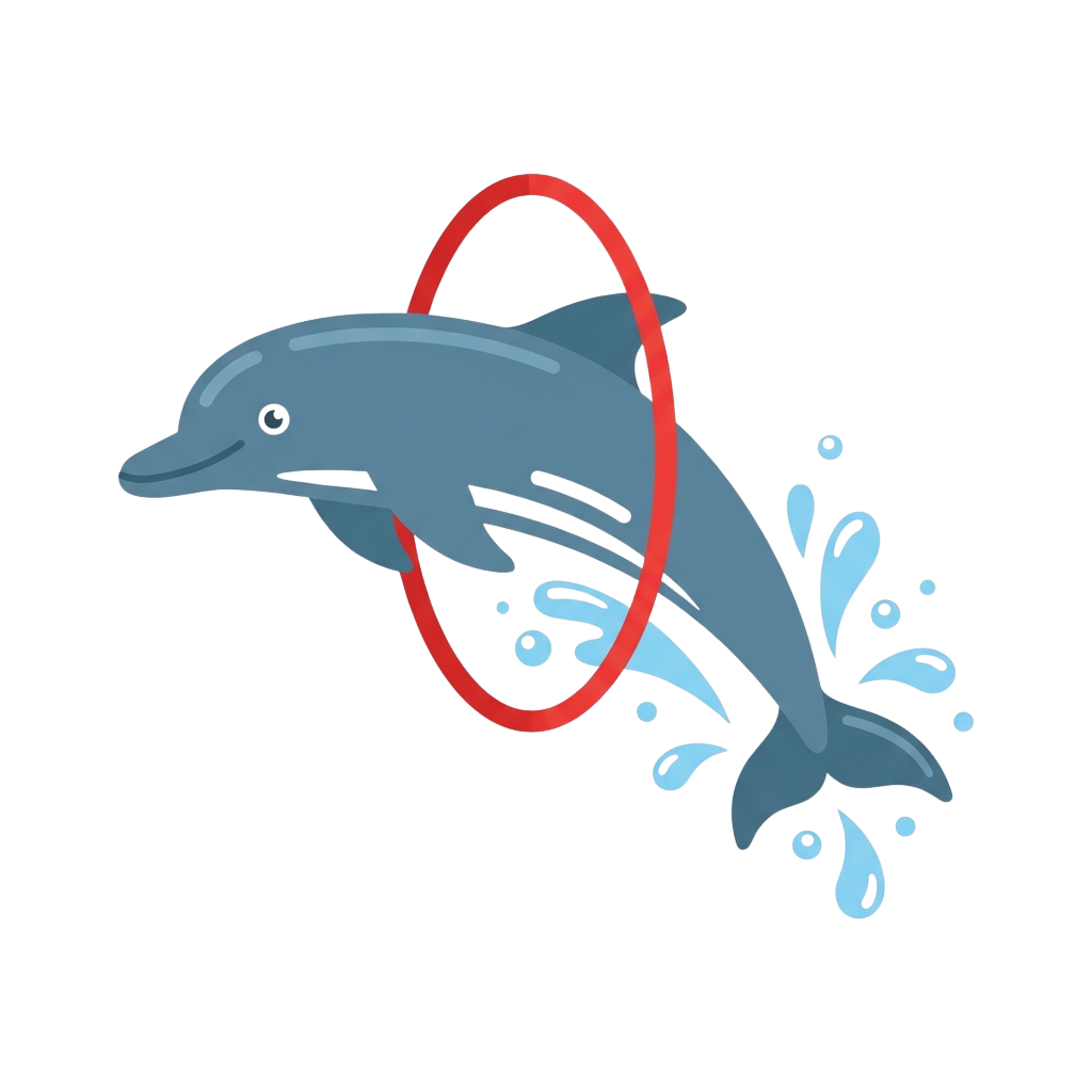 A stylized dolphin leaping out of water with a red hoop around its body