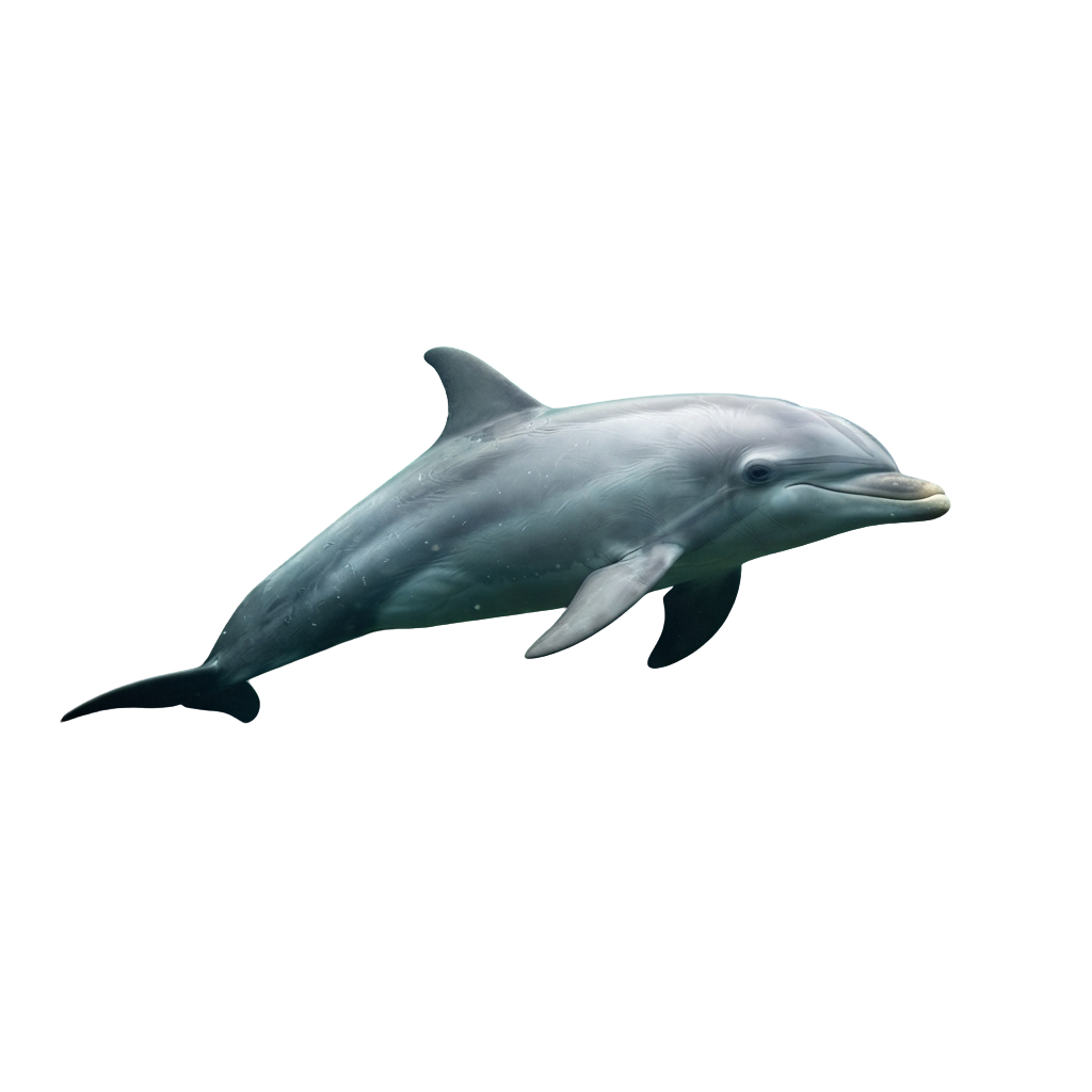 A light gray dolphin swimming gracefully against a dark background