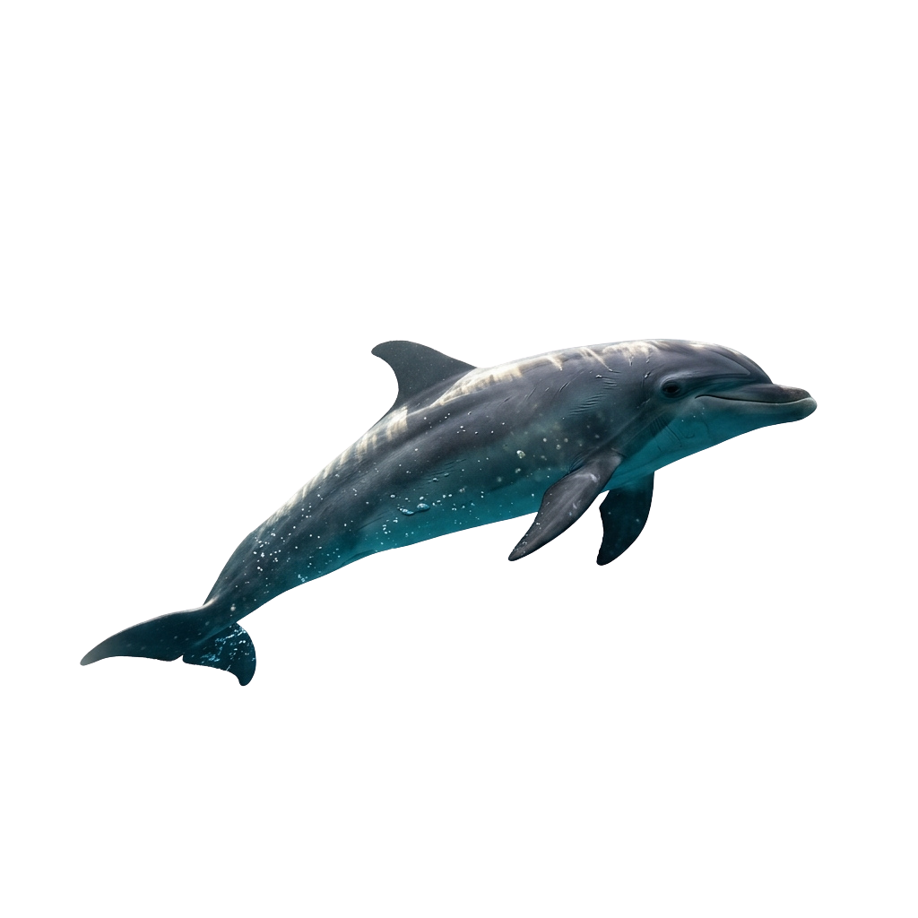 A sleek dolphin swimming with its body angled slightly upward against a dark background