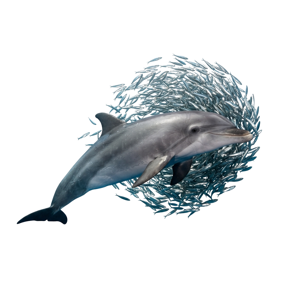A dolphin swimming through a school of small fish underwater