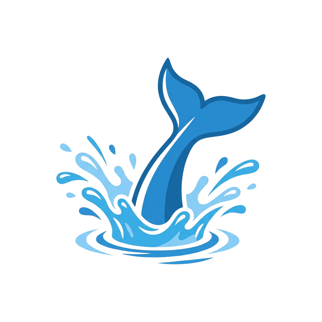 Blue whale tail breaking the water surface with splashing water droplets