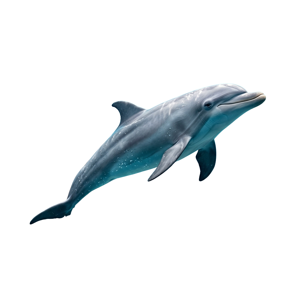 A light gray dolphin swimming gracefully in a dark background.
