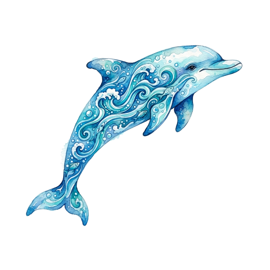 A stylized blue dolphin with intricate water swirl patterns on its body