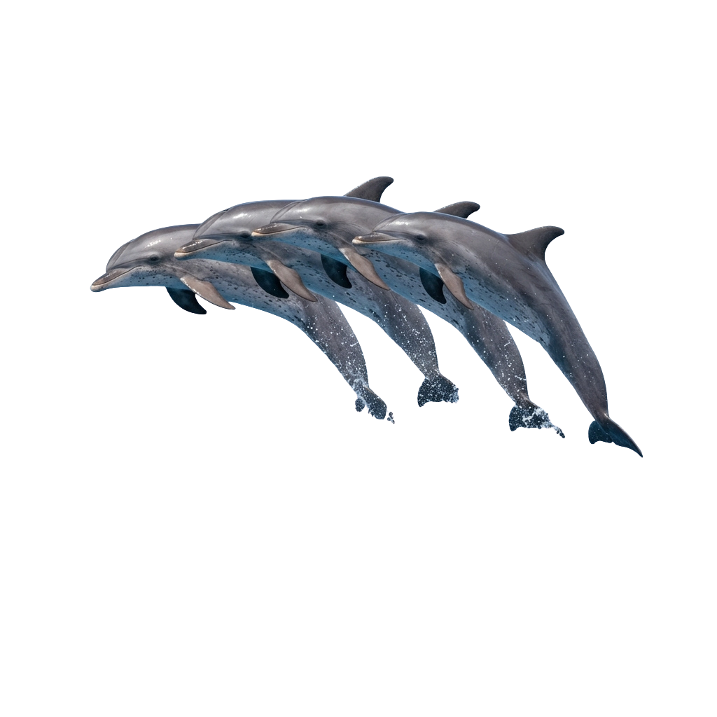 Four dolphins swimming in a line with a blue water glow effect around them