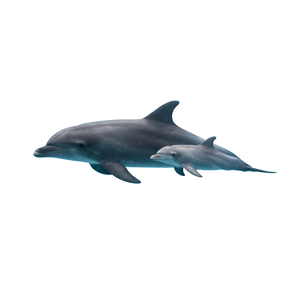 Two dolphins swimming side by side in a dark underwater environment