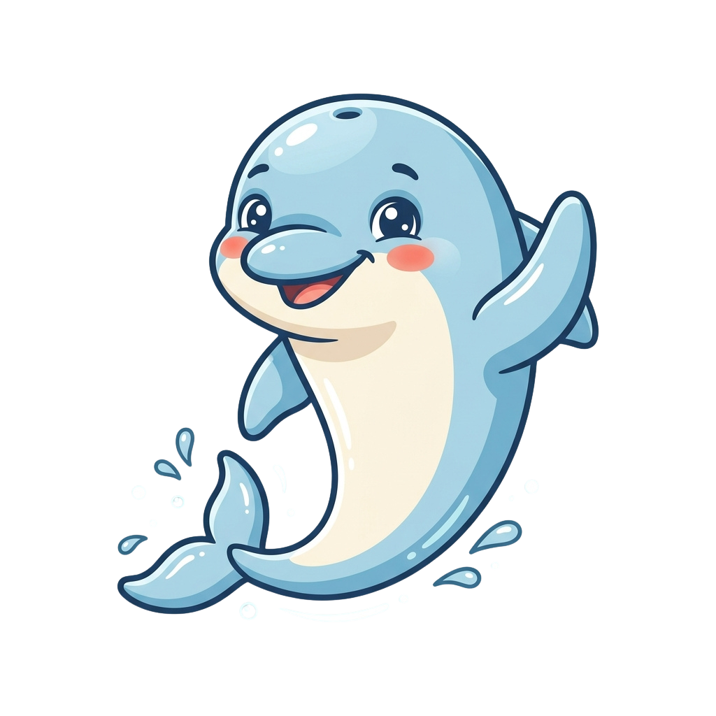 A cheerful cartoon dolphin leaping out of water with a joyful expression and splashing droplets around it
