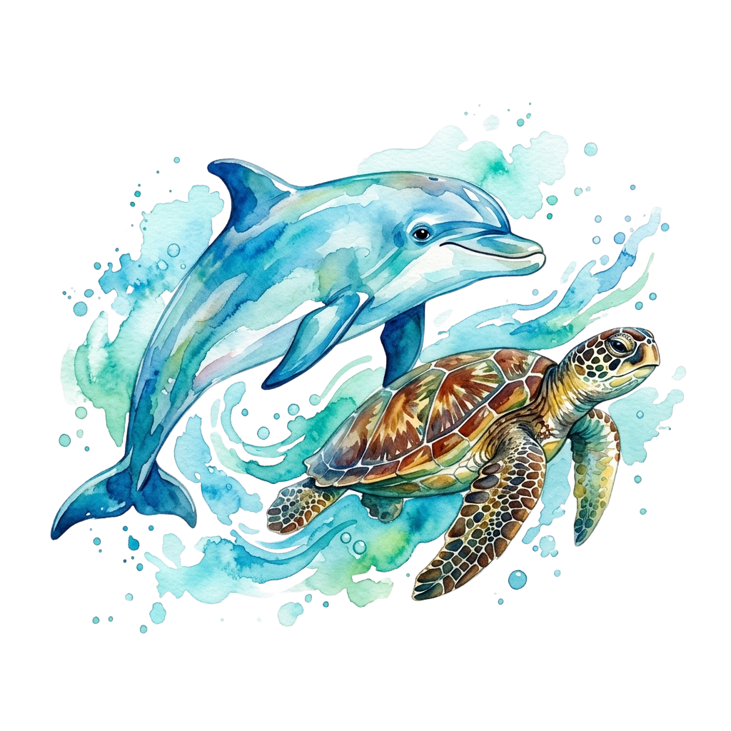 A watercolor illustration of a blue dolphin and a sea turtle swimming together in a splash of water.