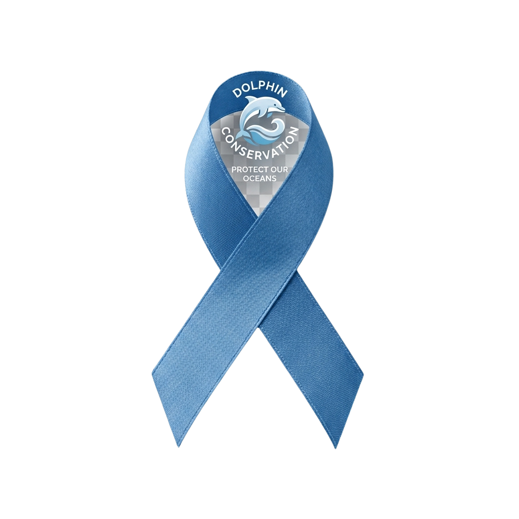 Light blue ribbon with a circular emblem promoting dolphin conservation and ocean protection