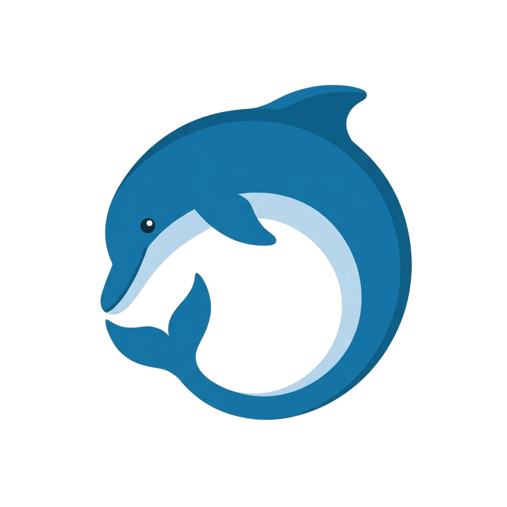 A stylized blue dolphin logo with a white spiral pattern inside its body