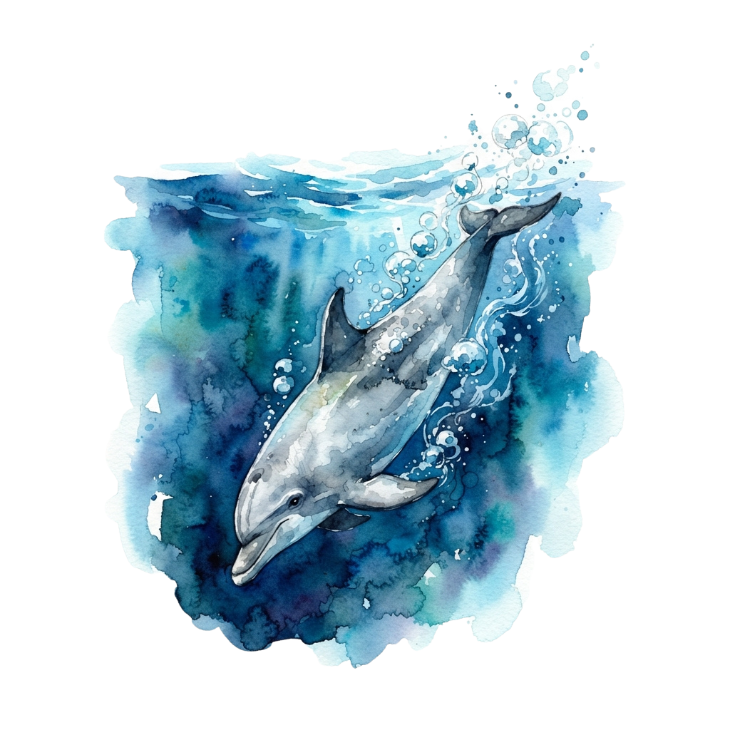A watercolor illustration of two dolphins swimming underwater with bubbles and a blue ocean background