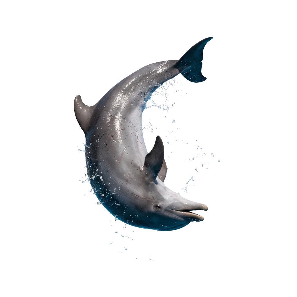 A dolphin mid-leap out of water, surrounded by splashing droplets against a dark background