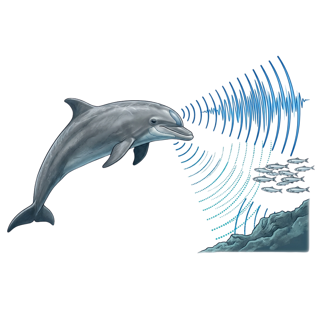 A dolphin emitting sound waves to locate fish near underwater rocks