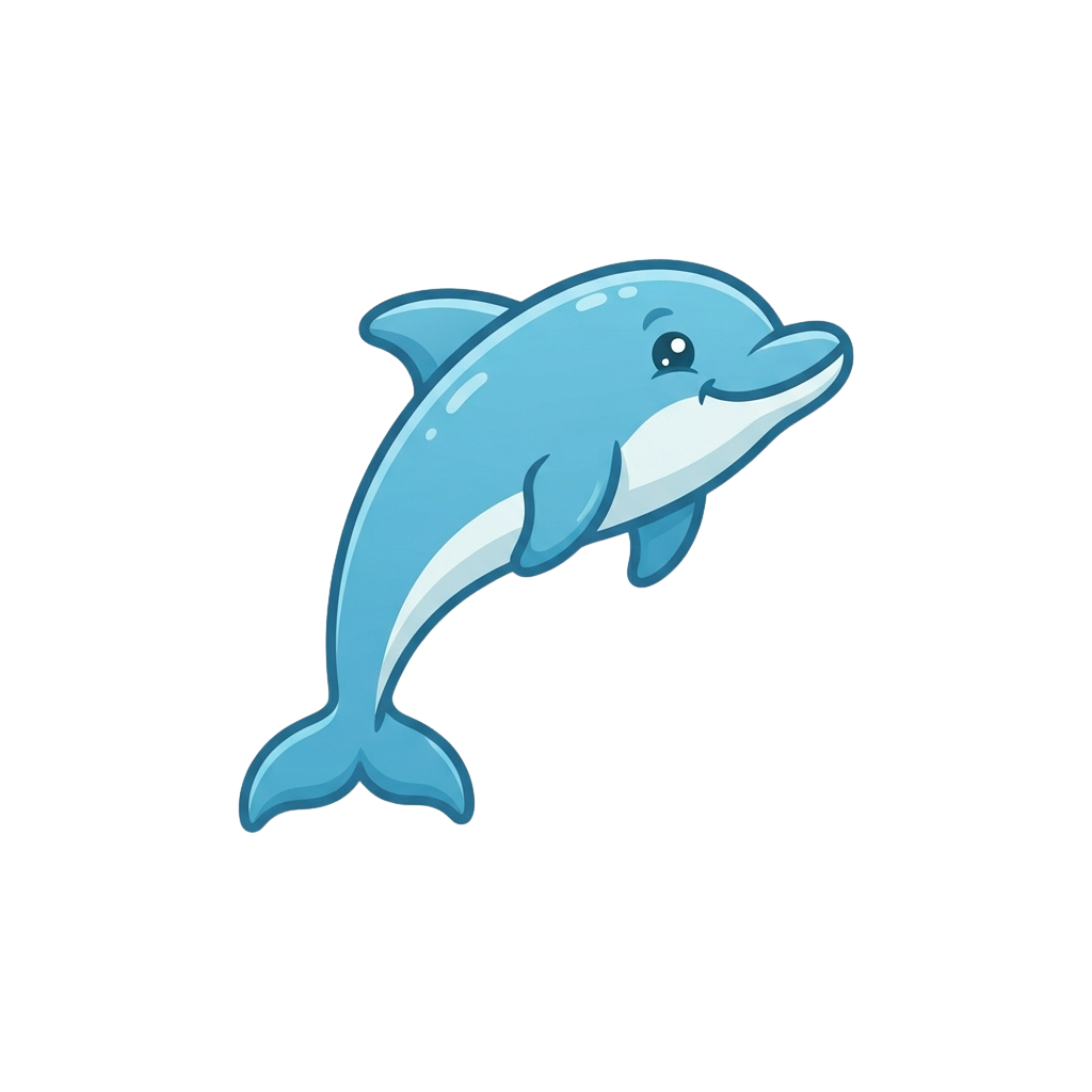 A cheerful cartoon blue dolphin swimming with a smiling face
