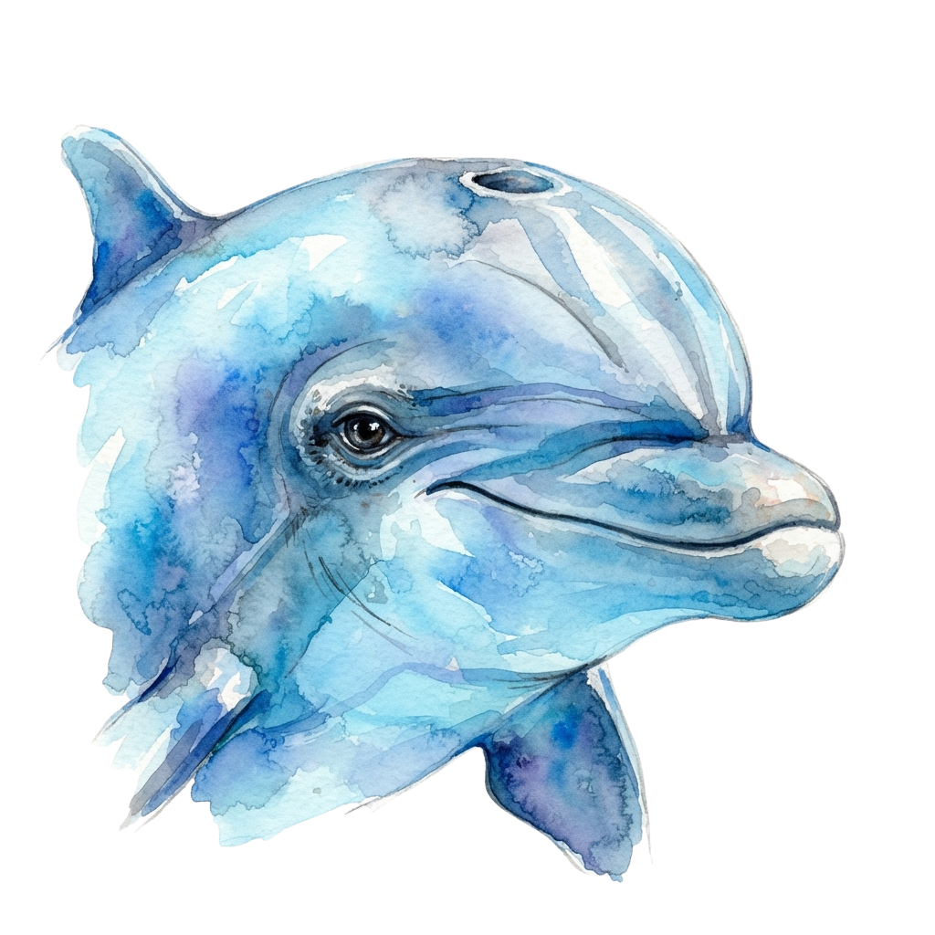 Watercolor illustration of a blue dolphin facing left against a black background