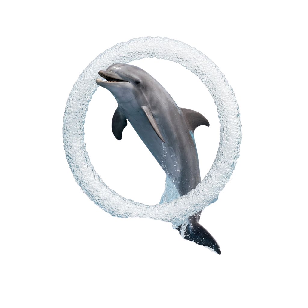 A dolphin swimming inside a circular underwater tunnel with bubbles around it
