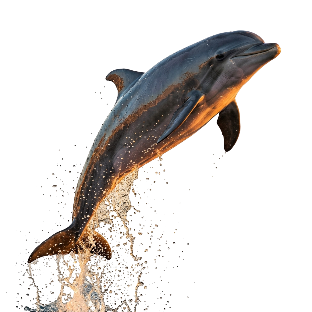 A dolphin mid-jump out of the water, creating a spray of droplets around it