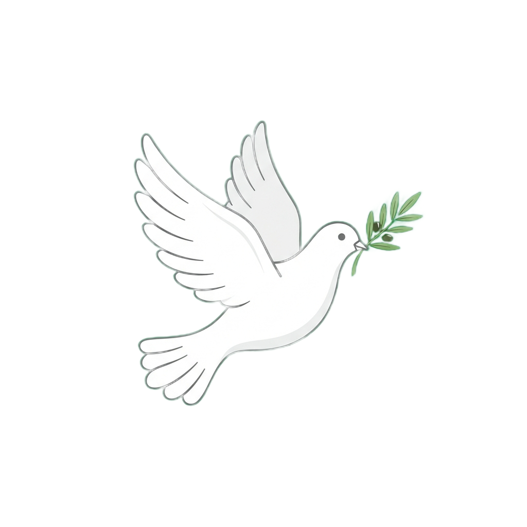 A white dove in flight holding an olive branch in its beak against a black background
