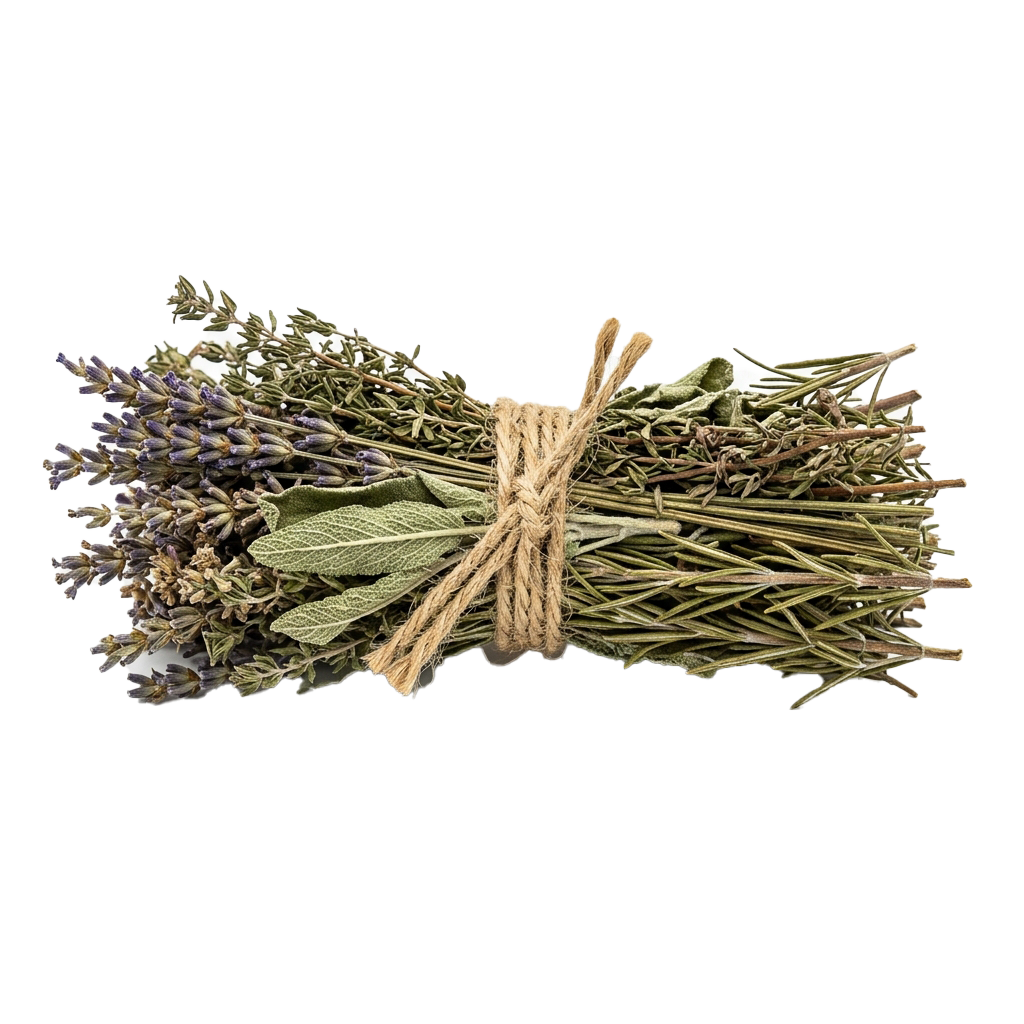 A bundle of dried lavender and sage herbs tied together with twine.