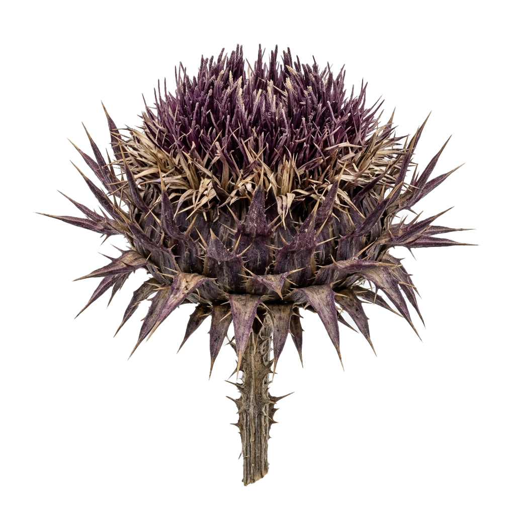 Close-up of a dried artichoke bud featuring sharp, spiky leaves radiating outward