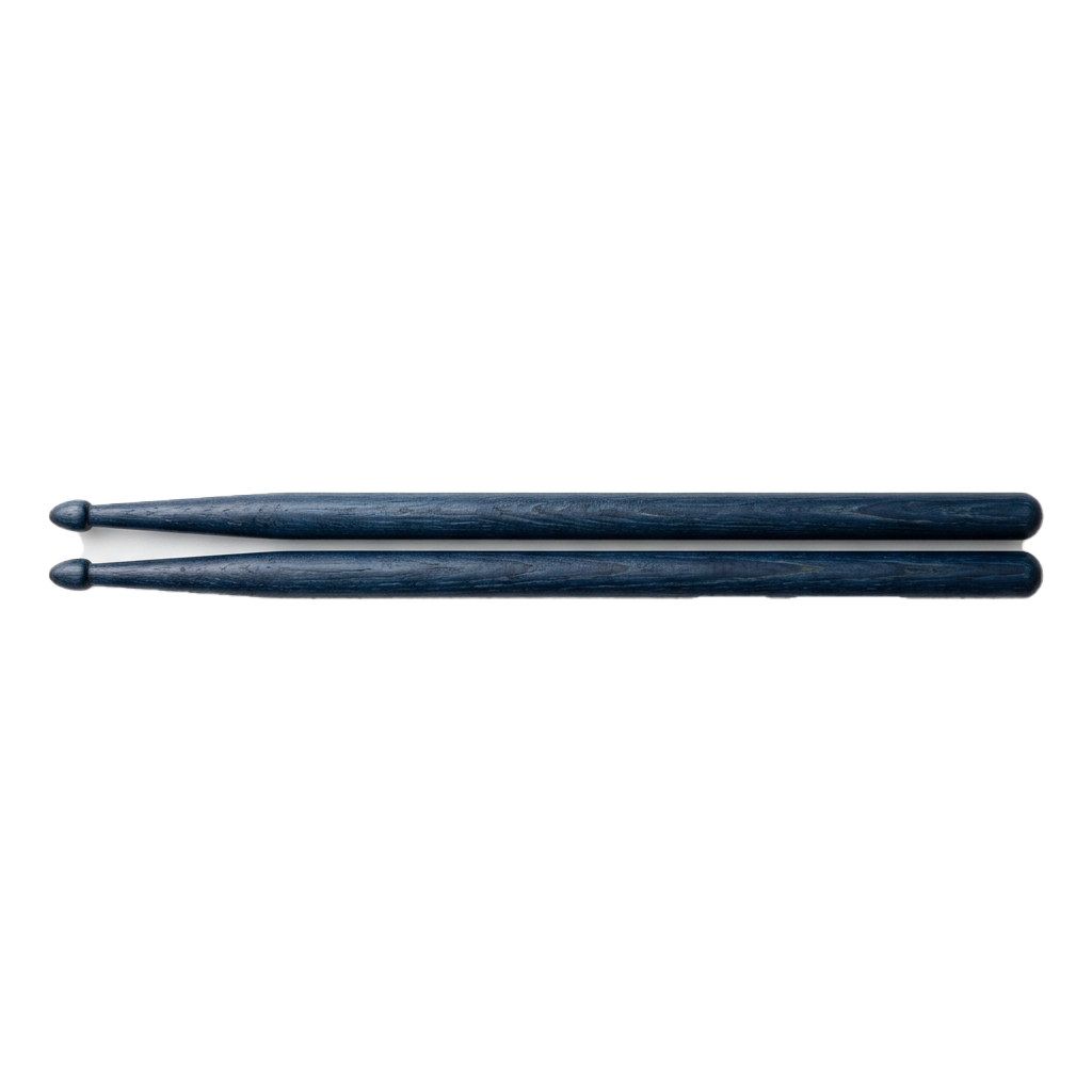 Two drumsticks with rounded tips and wooden shafts laid horizontally on a black background
