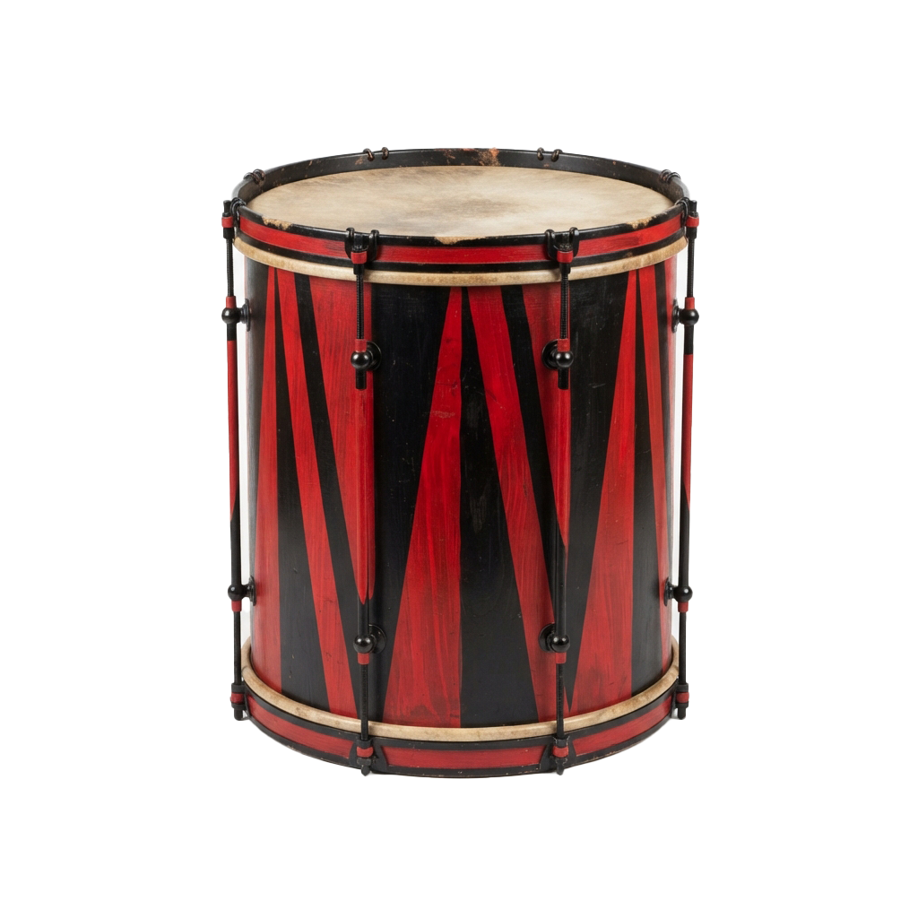 A snare drum featuring red and black diagonal stripes, wooden hoops, and black metal tuning hardware.