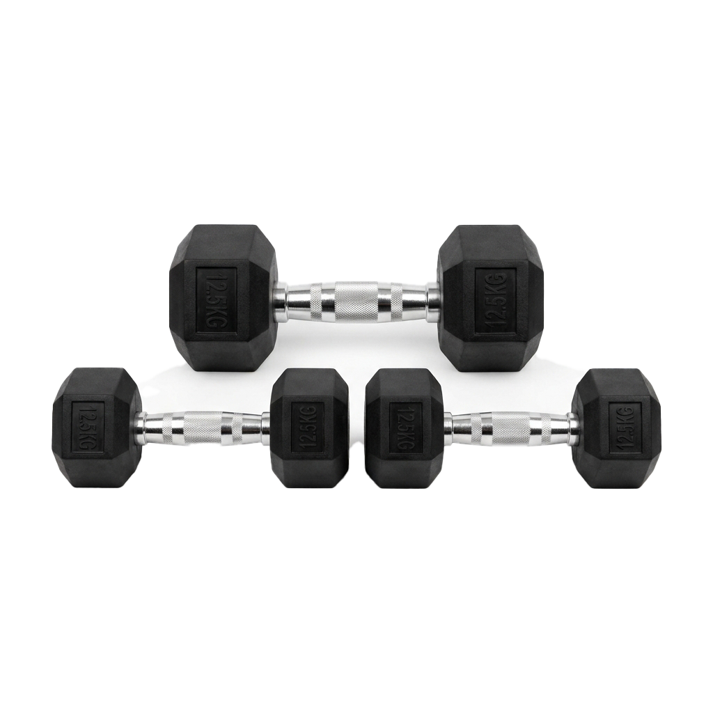 Five adjustable dumbbells arranged in a cross pattern, each with black hex-shaped handles and weight markings.