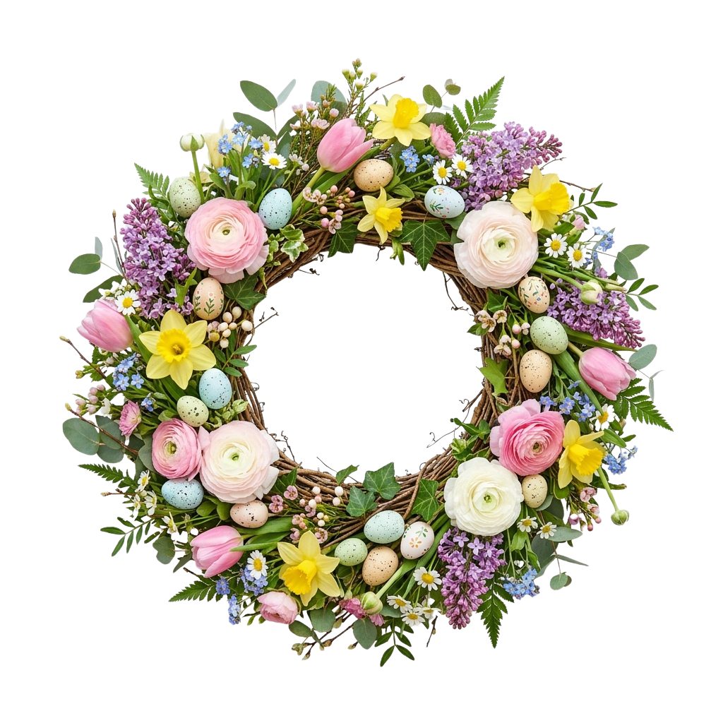 A decorative wreath made of flowers, greenery, Easter eggs, and small blossoms arranged on a grapevine base