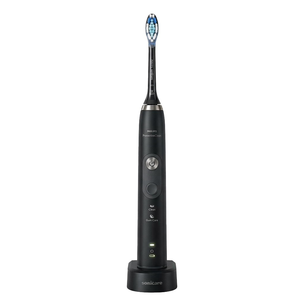 Black electric sonic toothbrush with gum care and whitening features standing upright