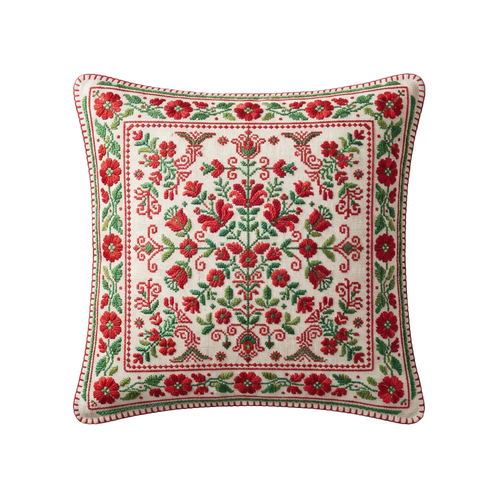 Square pillow with intricate red and green floral embroidery on a light background