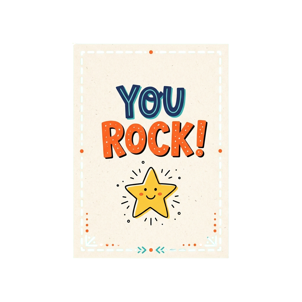 Colorful card with text You Rock and a smiling star illustration
