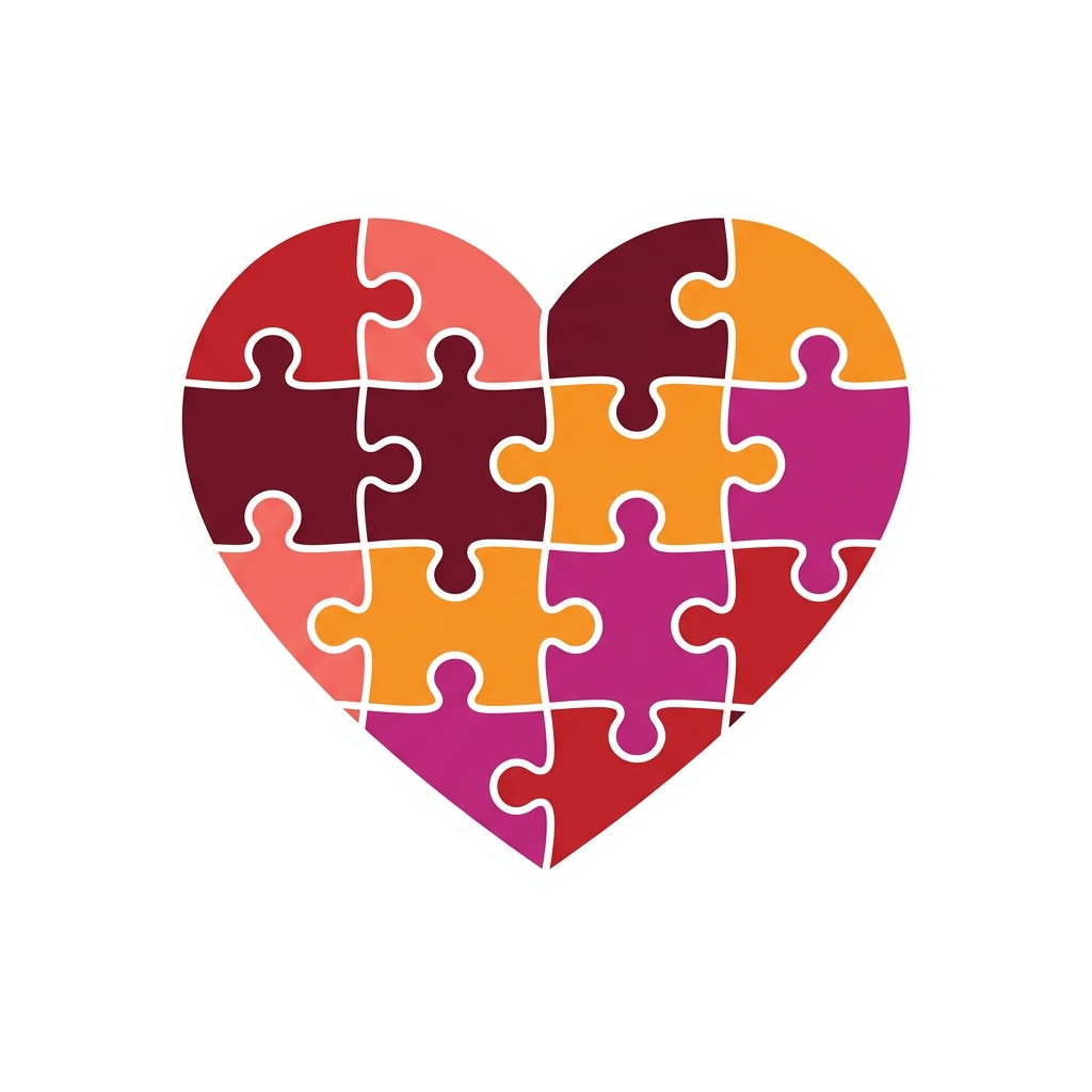 A heart shape made up of interlocking puzzle pieces in various shades of pink, orange, and red