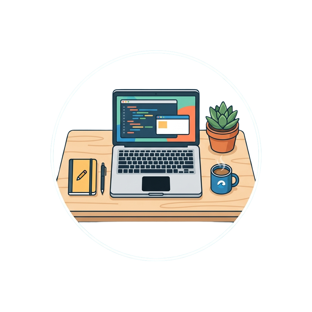 A laptop displaying code on a wooden desk with a notebook, pen, coffee mug, and small potted plant