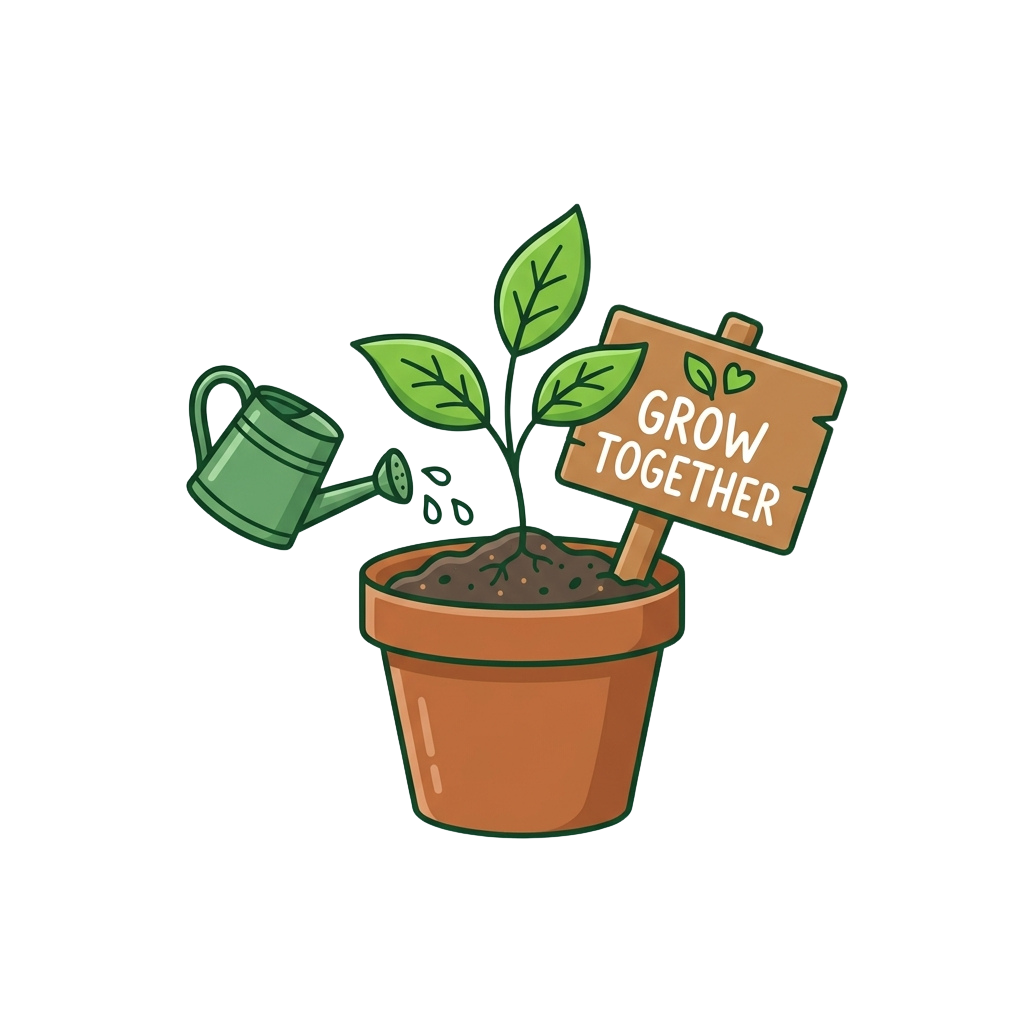 Illustration of a small plant in a pot being watered with a sign reading Grow Together