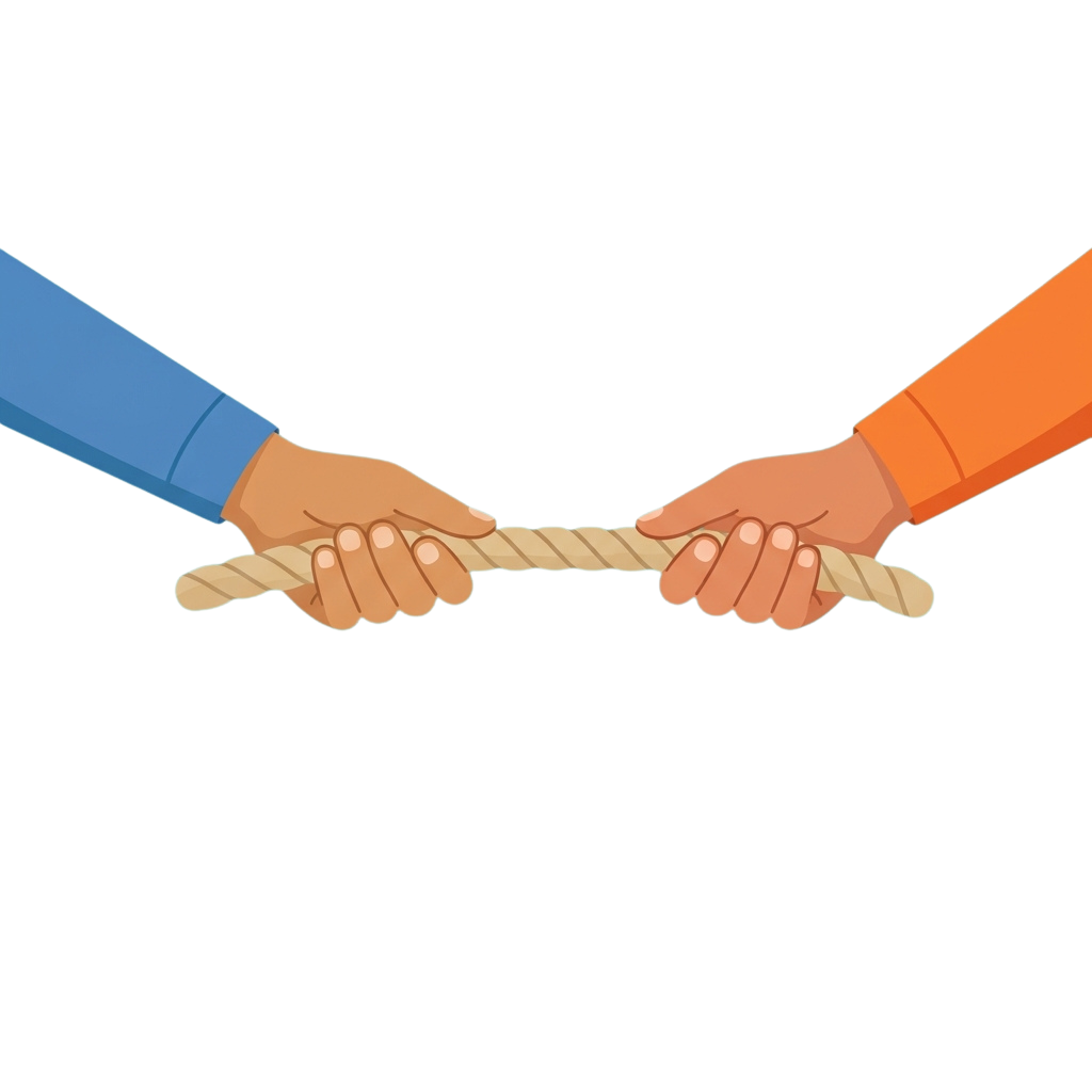 Illustration of two hands in blue and orange sleeves holding a rope bridge between them