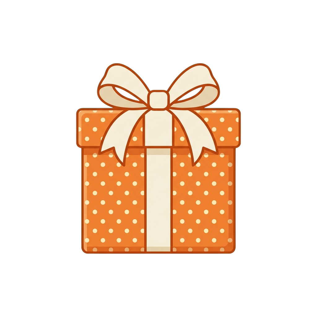 An illustrated gift box with orange polka dots and a white ribbon bow on top