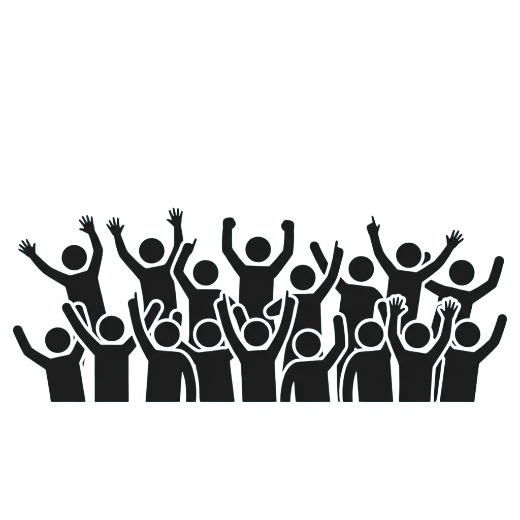 Group of people with arms raised in celebration against a dark background