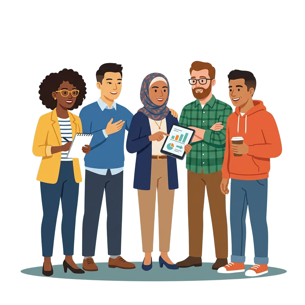 Five diverse people smiling and standing together, holding documents, charts, and a coffee cup.