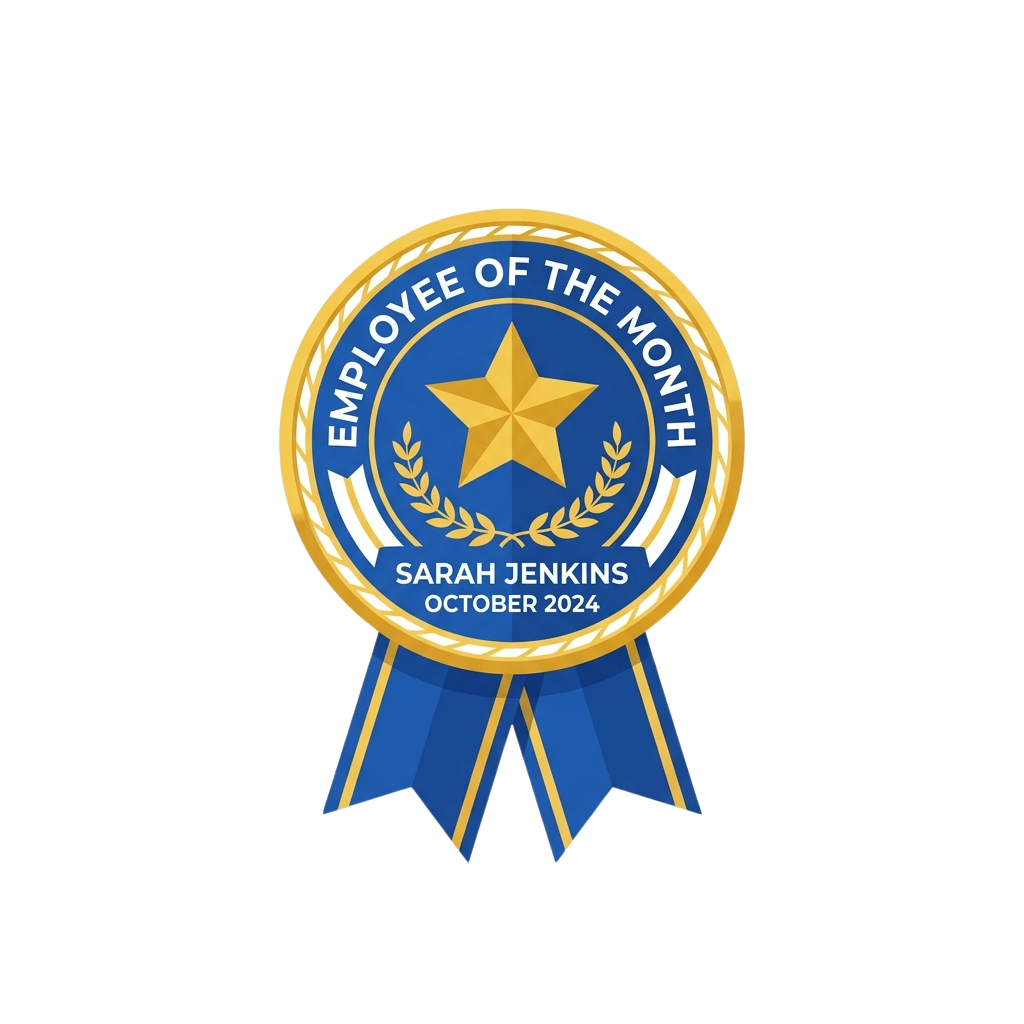Employee of the Month award badge featuring a star with laurel wreath, blue ribbon, and gold accents for October 2024